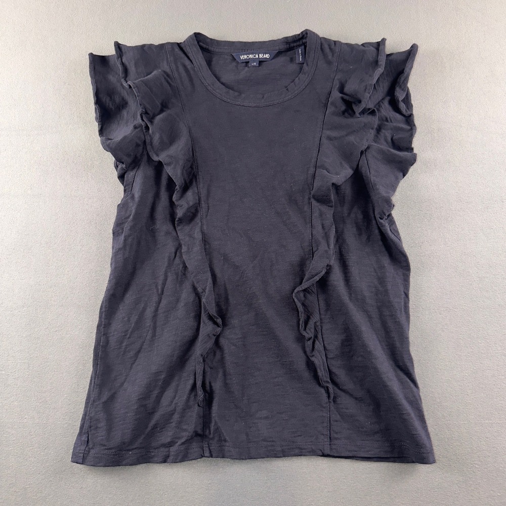 Veronica Beard Bea Ruffle Pima Cotton T-Shirt Navy Blue J2505JY0070051 L